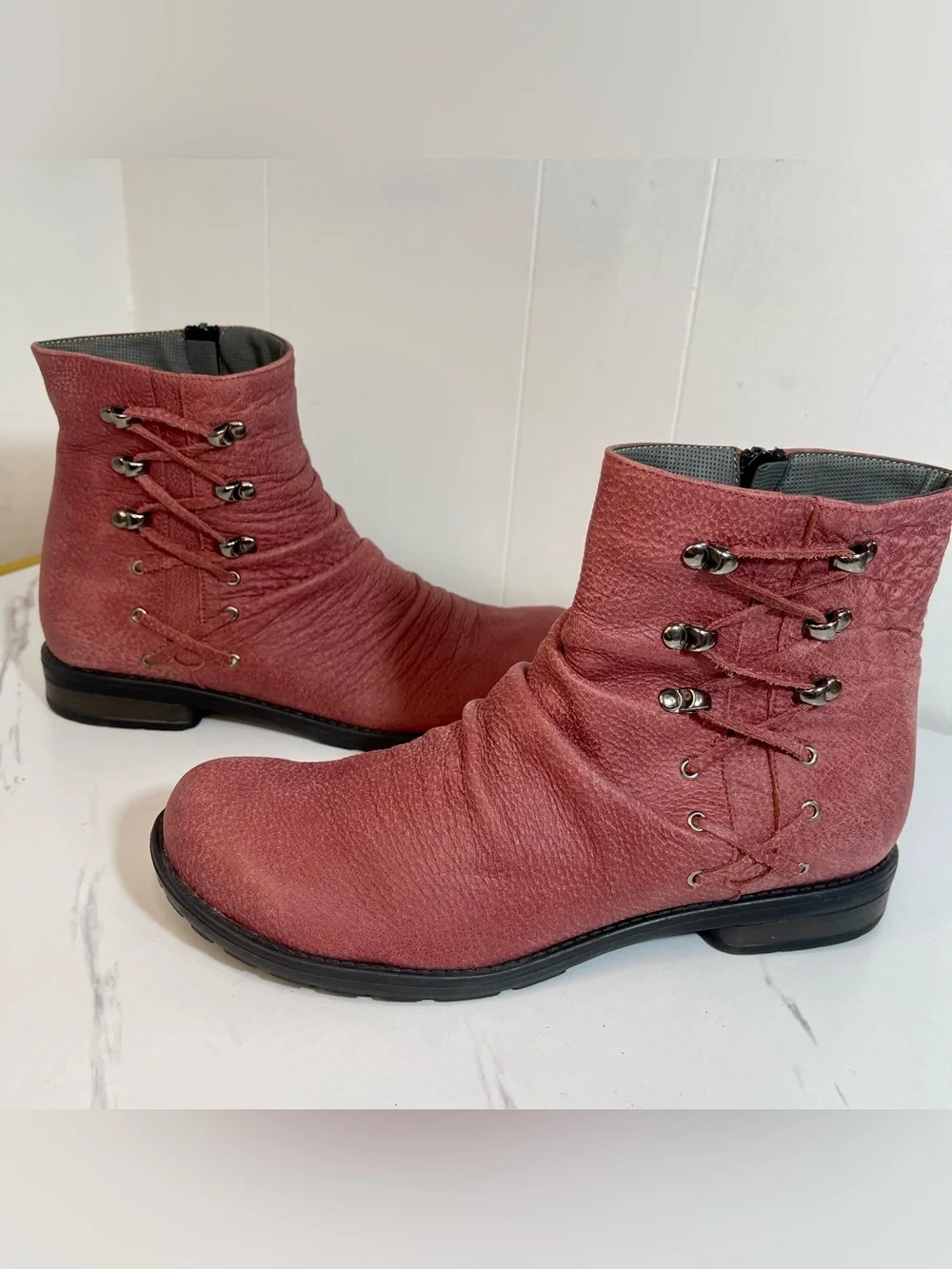 Rose Red Textured Ruched Leather Ankle Boots with Lace Detail Size 9.5M